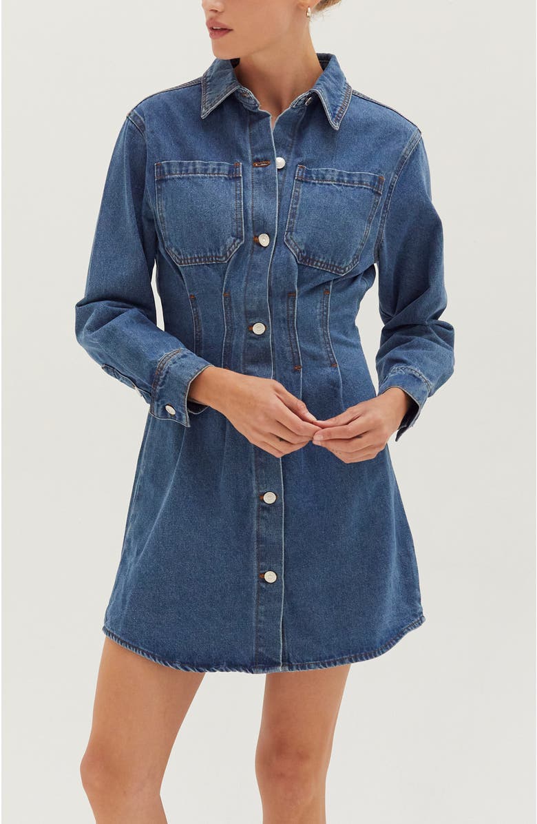 CRESCENT Denim Corset Waist Mini Dress, Main, color, Denim Blue