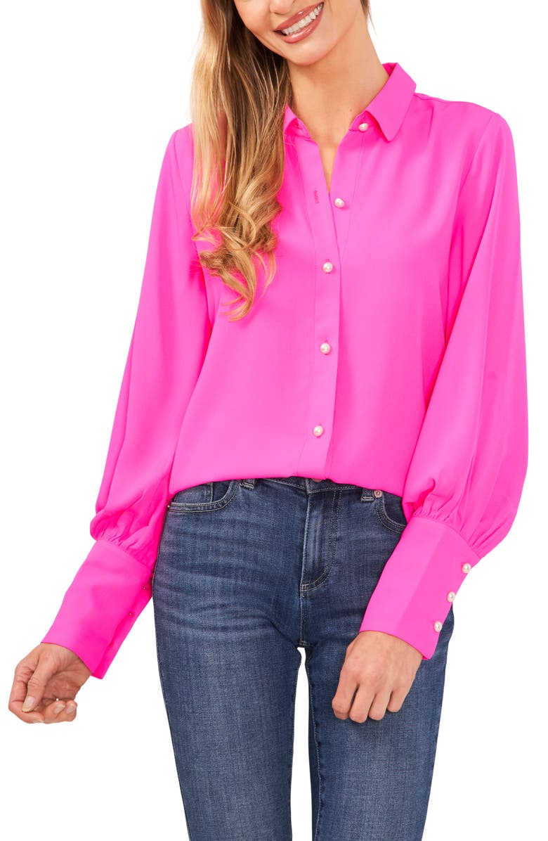 CeCe Faux Pearl Button-Up Shirt, Main, color, 