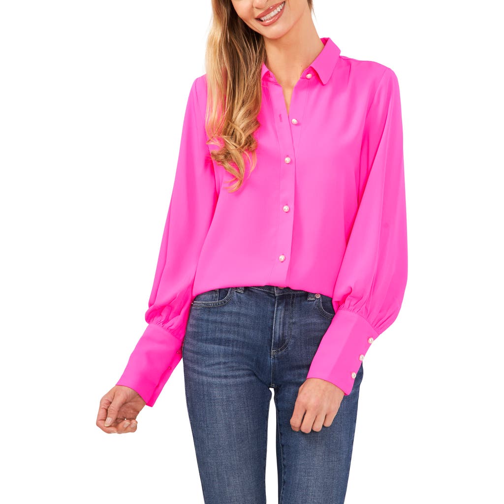 Shop Cece Faux Pearl Button-up Shirt In Pink Shock