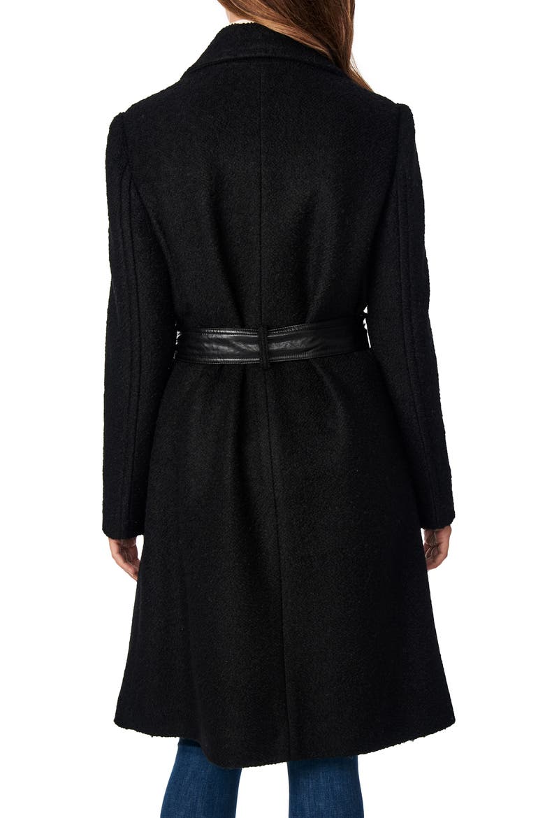 Faux Leather Detail Belted Coat, Alternate, color, BLACK