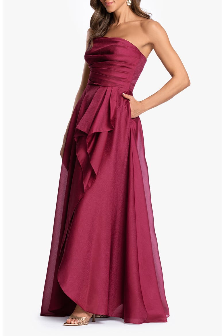 Strapless Ruffle Detail Metallic Organza Gown, Alternate, color, WINE