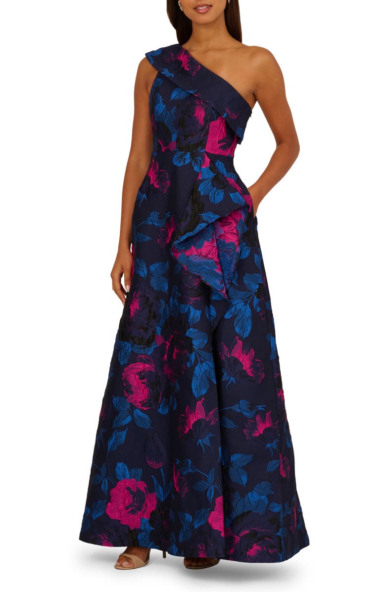 Adrianna Papell One-Shoulder Jacquard Ballgown, Main, color, Navy/ Orchid