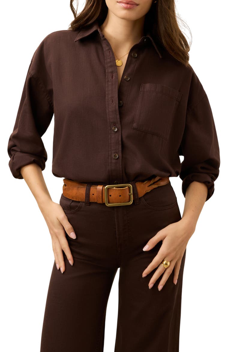 Sunfair Oversized Organic Cotton Denim Button-Up Shirt, Main, color, CHOCOLATE BROWN