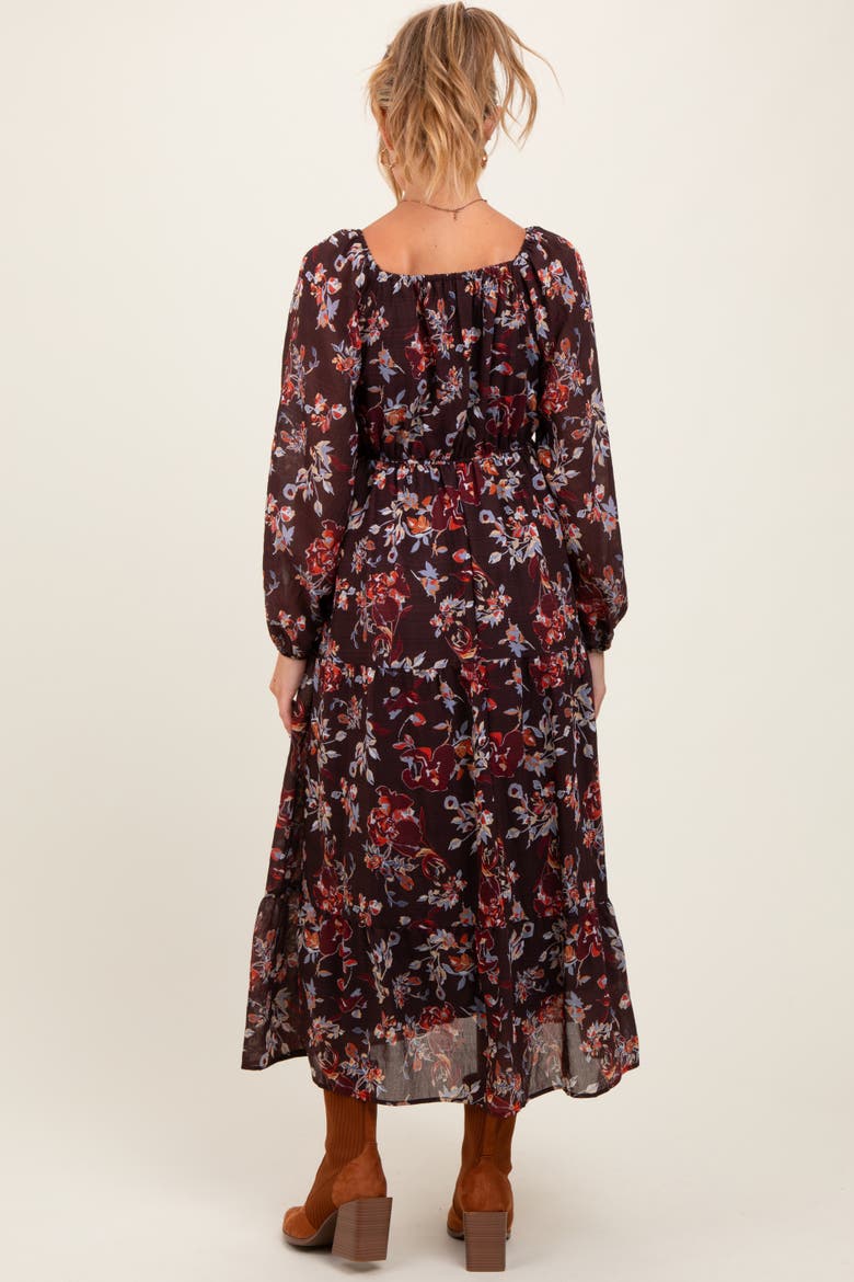 Floral V-Neck Bubble Sleeve Maxi Dress, Alternate, color, Brown