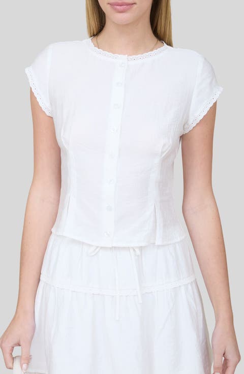 Lace Trim Cap Sleeve Button-Up Top