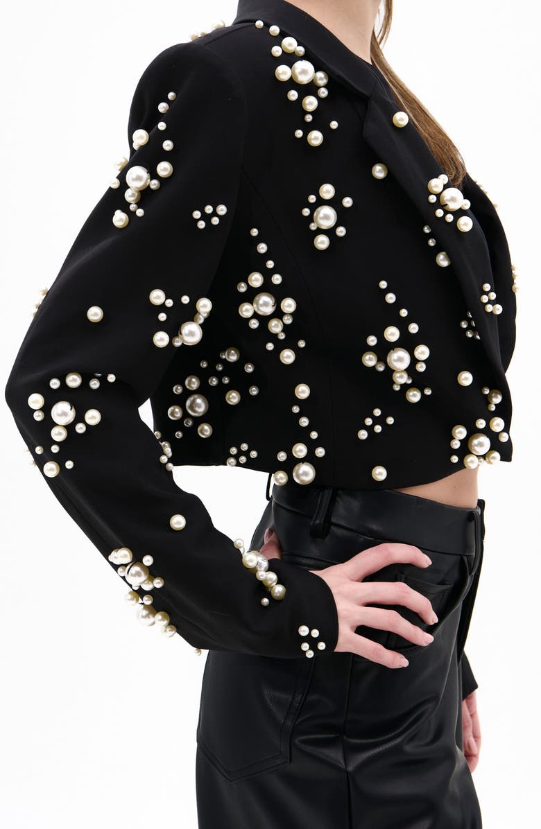 AZALEA WANG Faux Pearl Crop Blazer, Alternate, color, Black