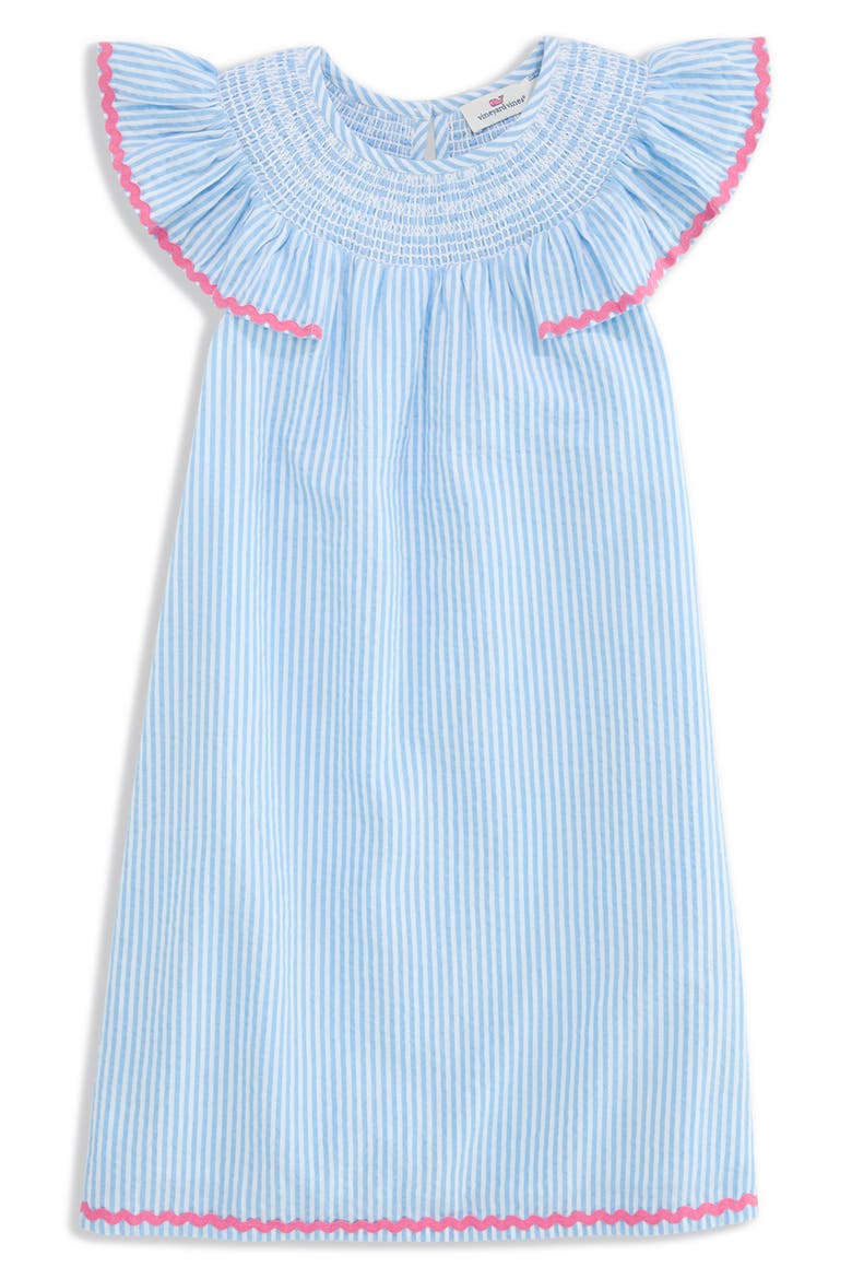 Kids' Rickrack Flutter Sleeve Cotton Seersucker Sundress, Main, color, SEERSUCKER-JAKE BLUE