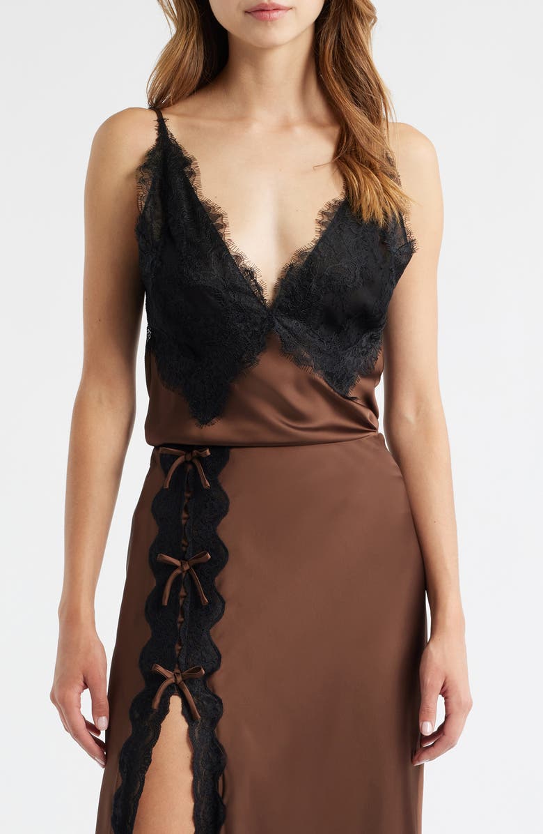 LoveShackFancy Elloryn Lace Satin Camisole, Main, color, Chocolate Brown