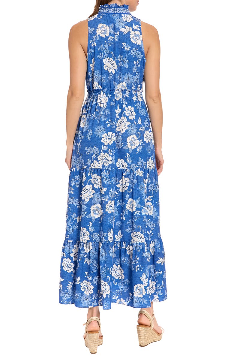 London Times Ruffle Neck Smocked Waist Maxi Dress, Alternate, color, Blue/ White