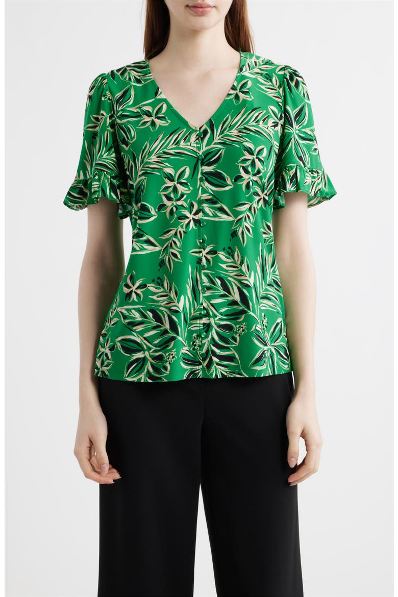 Tropical Floral V-Neck Button-Up Knit Top, Main, color, TROPICAL GREEN MULTI