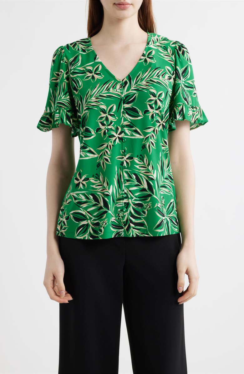 AK ANNE KLEIN Tropical Floral V-Neck Button-Up Knit Top, Main, color, 