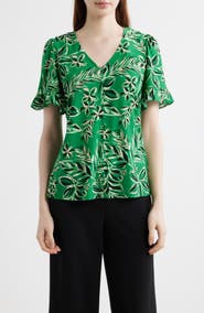 AK ANNE KLEIN Tropical Floral V-Neck Button-Up Knit Top