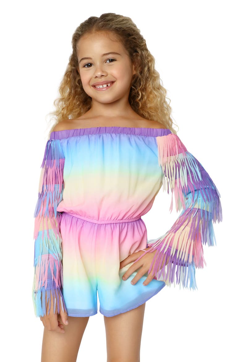 Kids' Ombré Fringe Off the Shoulder Long Sleeve Romper, Alternate, color, PURPLE MULTI