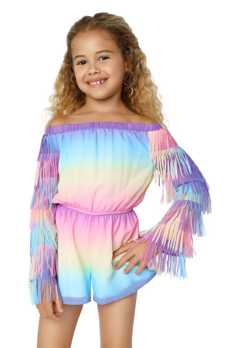 MIA New York Kids' Ombré Fringe Off the Shoulder Long Sleeve Romper, Alternate, color, Purple Multi