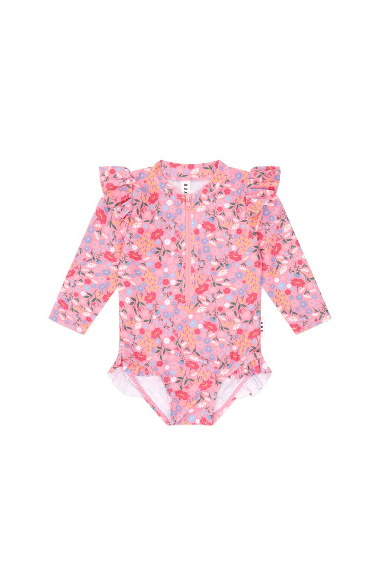 Huxbaby Vintage Floral Frill Swimsuit, Main, color, Dusty Pink Multi