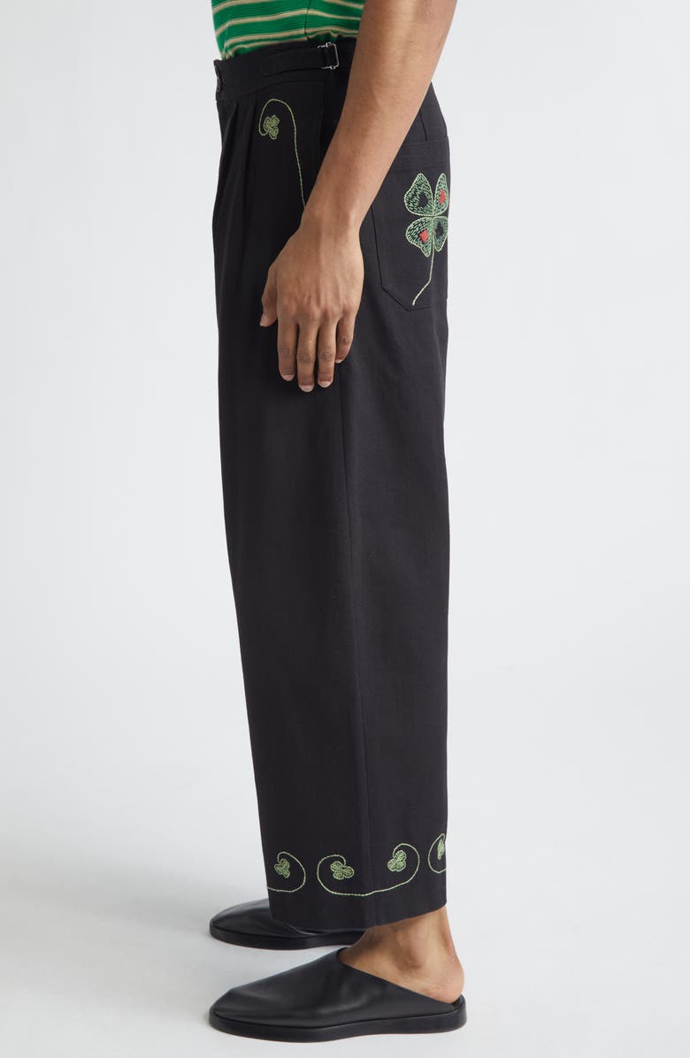 Bode Lucky Draw Embroidered Cotton Twill Wide Leg Ankle Pants, Alternate, color, Black