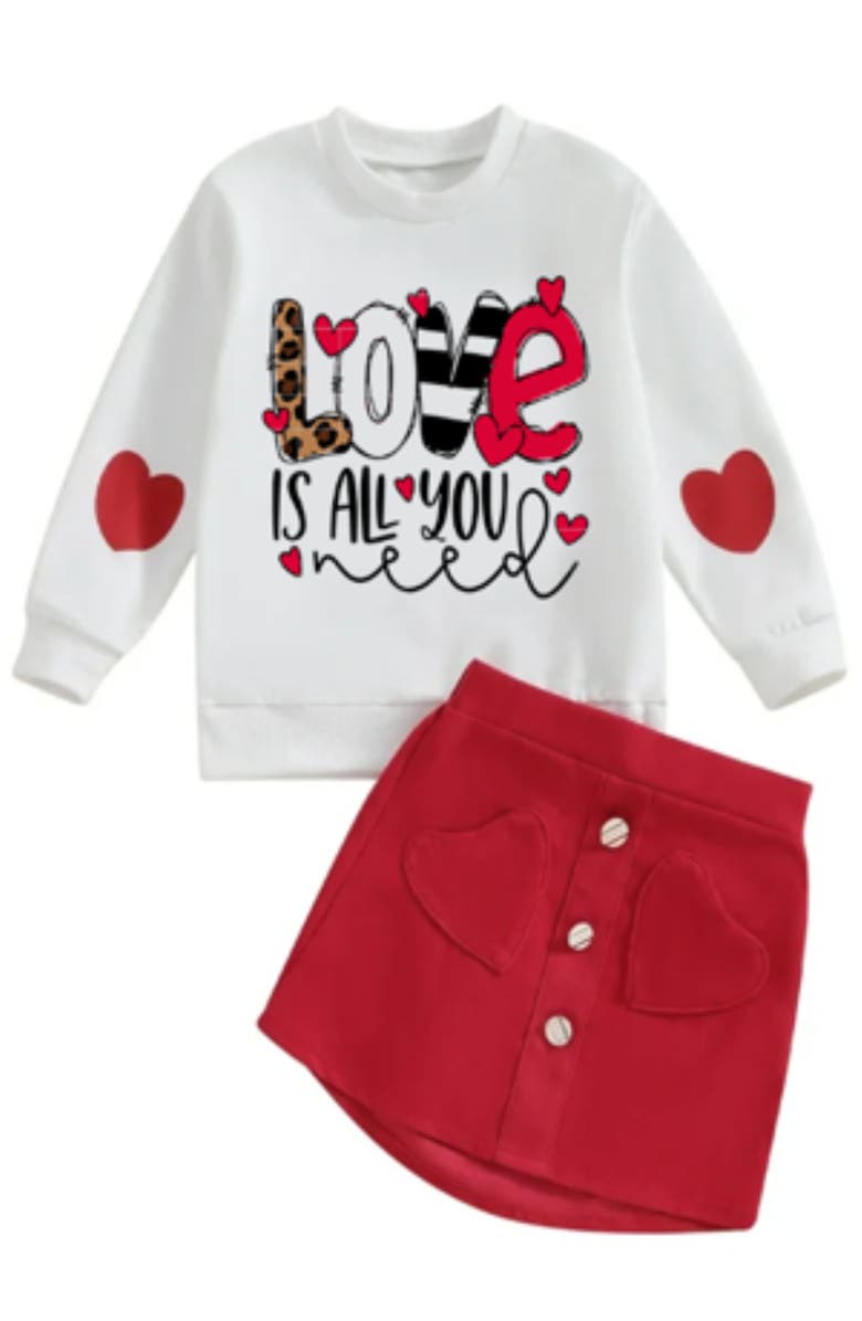 Mia Belle Girls Love Is All You Need Sweater and Red Skirt Set, Main, color, 