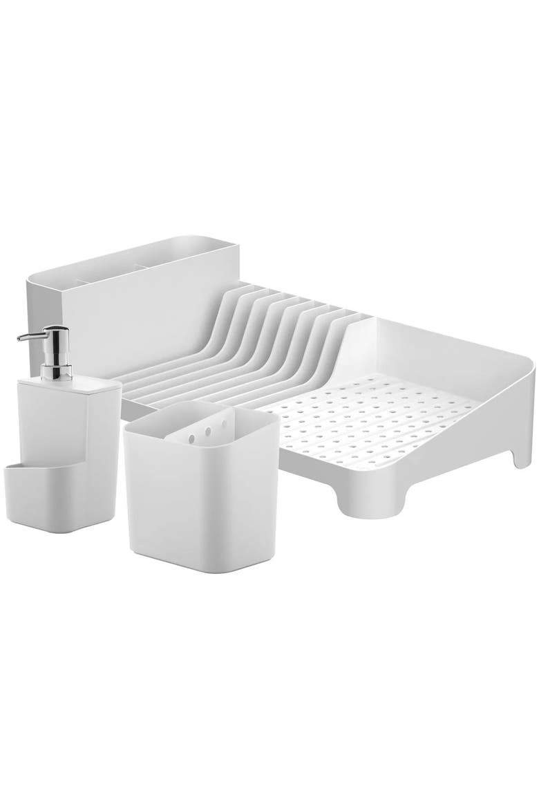 Kitchen Sink Organizer Set 3-Piece, Dish Rack, Cutlery Drainer & Soap Dispenser with Sponge Holder, Durable Compact, Main, color, White