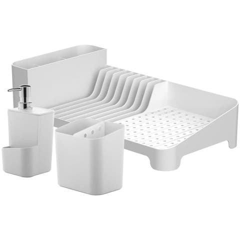 Kitchen Sink Organizer Set 3-Piece, Dish Rack, Cutlery Drainer & Soap Dispenser with Sponge Holder, Durable Compact