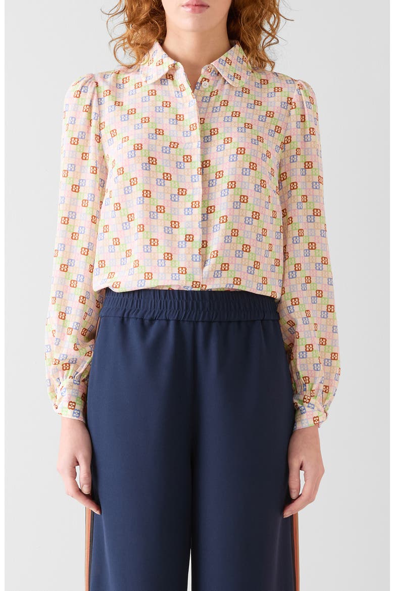 Mari Print Twist Cuff Silk Shirt, Main, color, WHITE MULTI