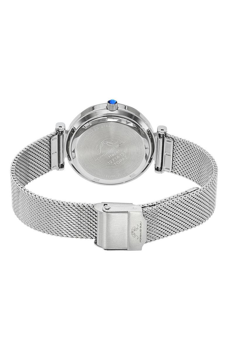 PORSAMO BLEU Hazel White Topaz Mother of Pearl Dial 3-Hand Quartz Mesh Strap Watch, 33mm, Alternate, color, Silver