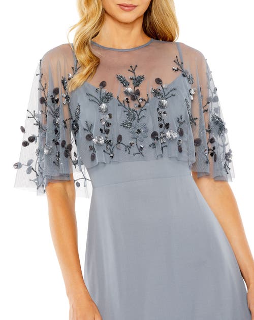 Mac Duggal Sleeveless Gown With Embellished Cape In Slate Blue