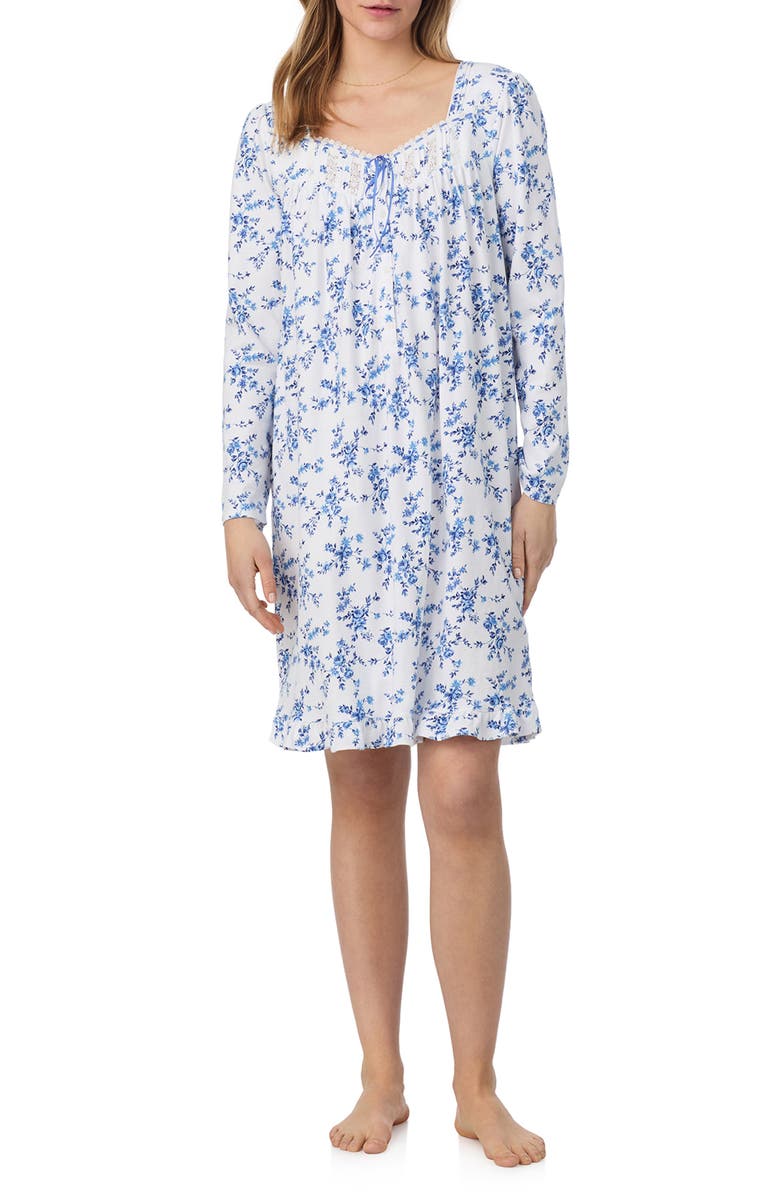 Eileen West Long Sleeve Cotton Jersey Short Nightgown, Main, color, White/ Navy