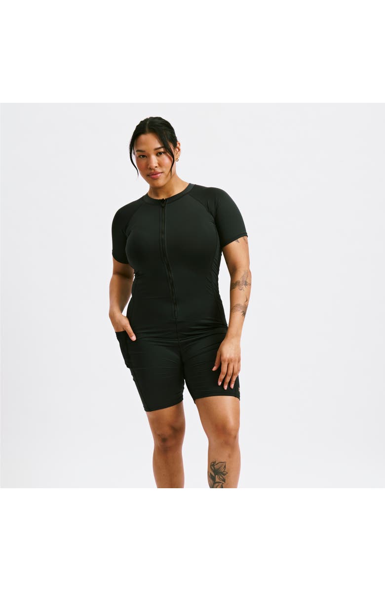 TomboyX 6-Inch Short Sleeve Swim Unisuit, Main, color, Black