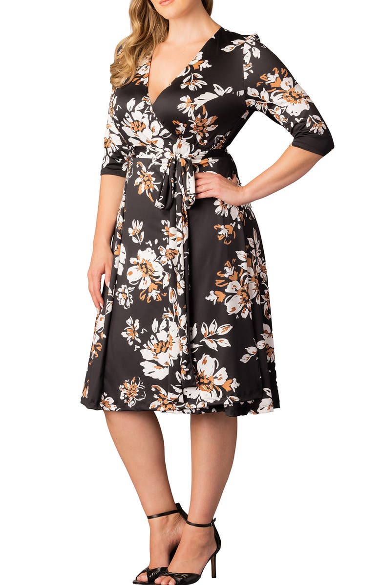 Kiyonna Signature A-Line Wrap Dress, Alternate, color, Black Scattered Blooms
