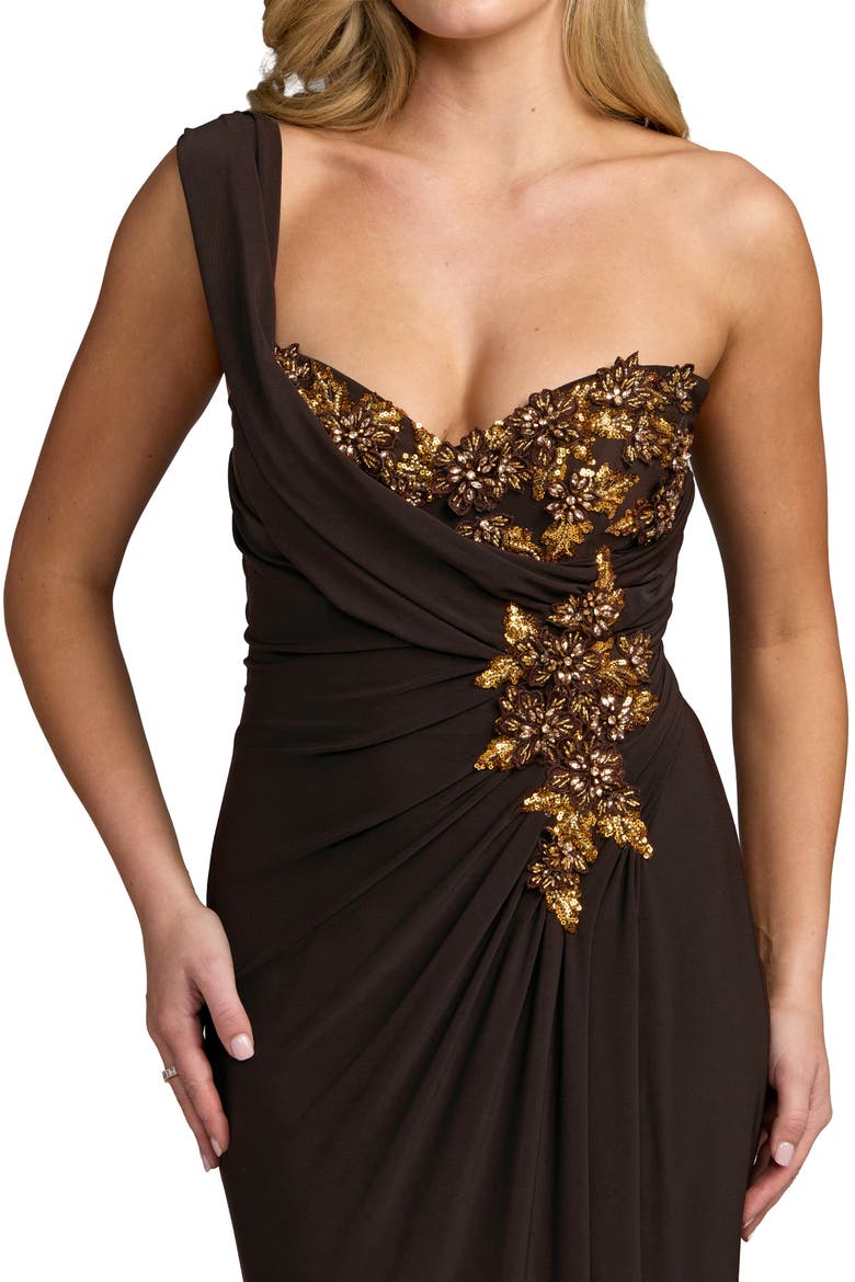 One Shoulder Embellished Jersey Gown, Alternate, color, Chocolate