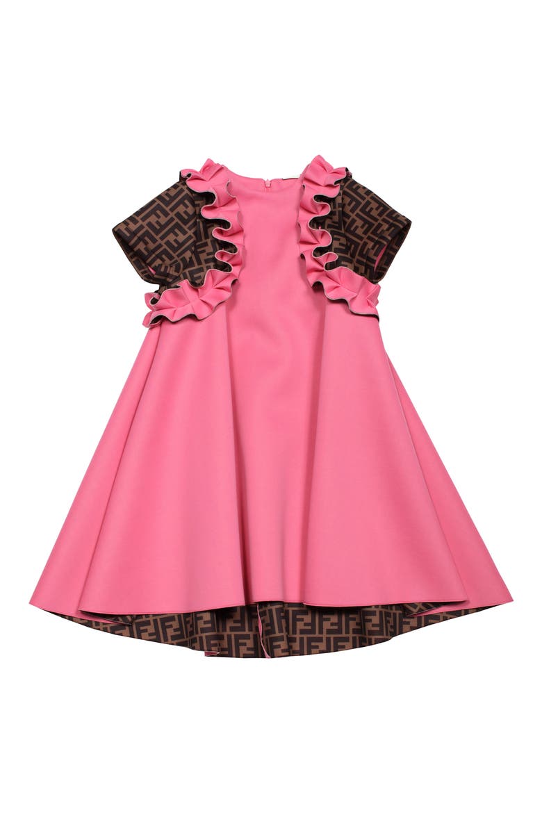 Kids' FF Logo Ruffle Scuba Swing Dress, Main, color, FUCHSIA