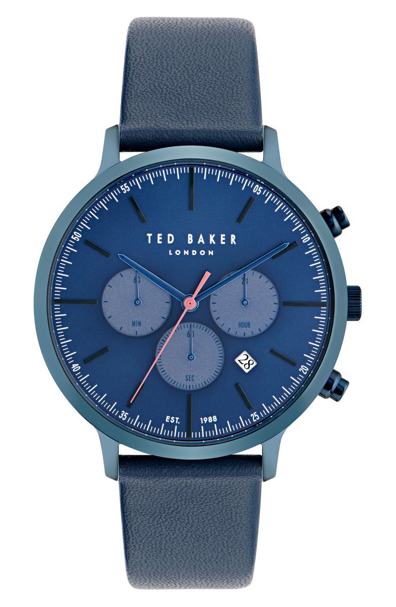 Ted Baker Haarvin Chronograph Leather Strap Watch, 44mm, Main, color, Blue