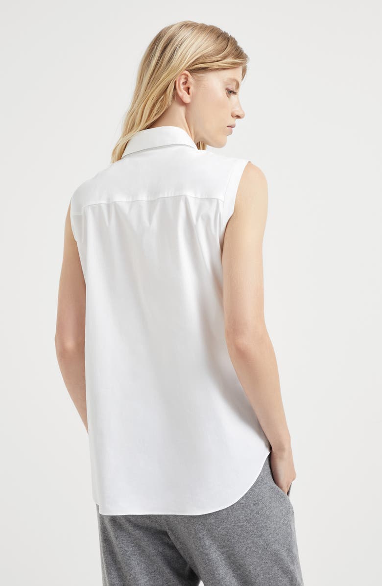 Brunello Cucinelli Stretch cotton poplin sleeveless shirt with shiny trim, Alternate, color, 