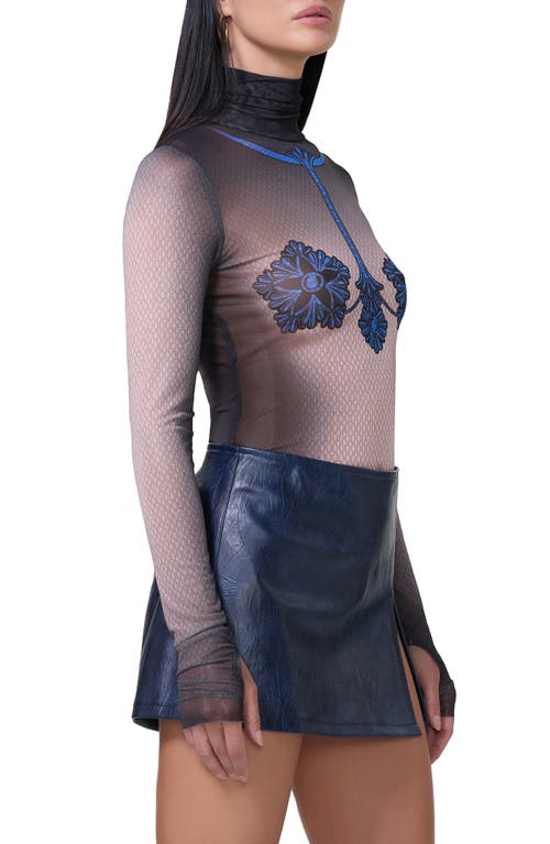 Afrm Zadie Print Mesh Turtleneck Top In Ornate Navy