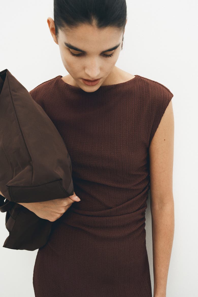 Cap-sleeved Crinkled Dress, Alternate, color, Rust brown