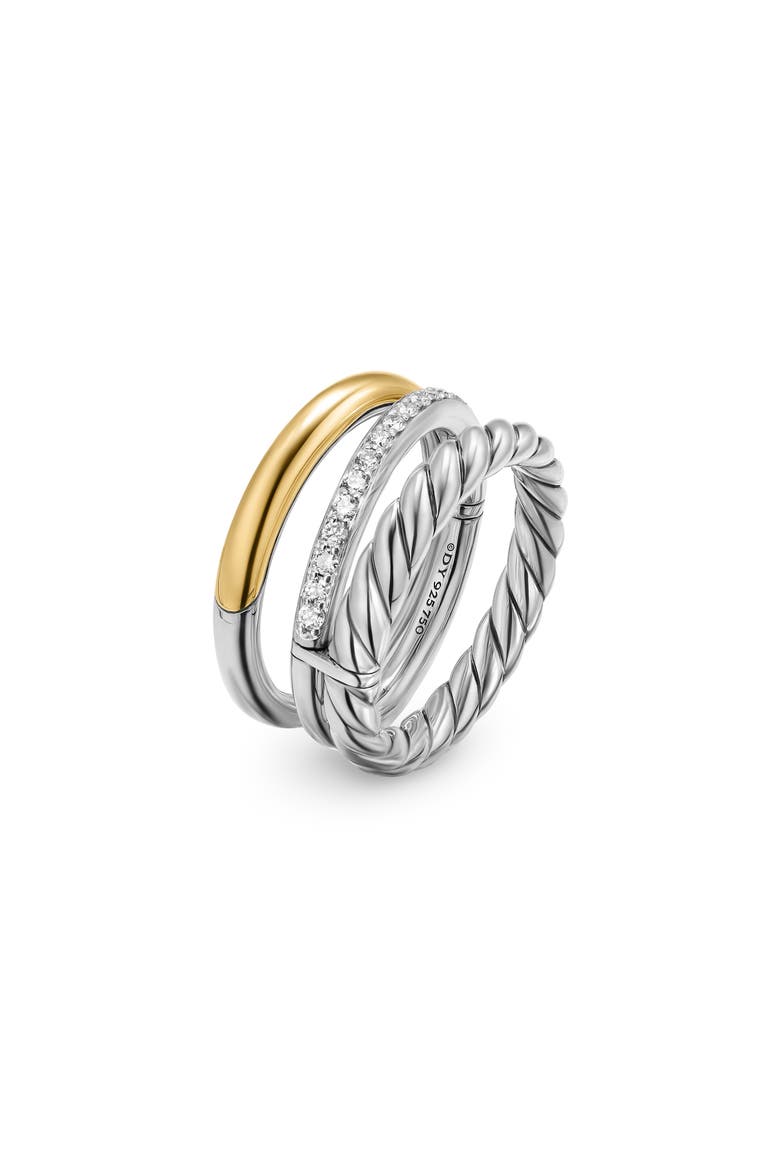 DY Mercer® Three Row Ring in Sterling Silver with 18K Yellow Gold & Diamonds, 8.9mm, Alternate, color, DIAMOND/ SILVER/ GOLD
