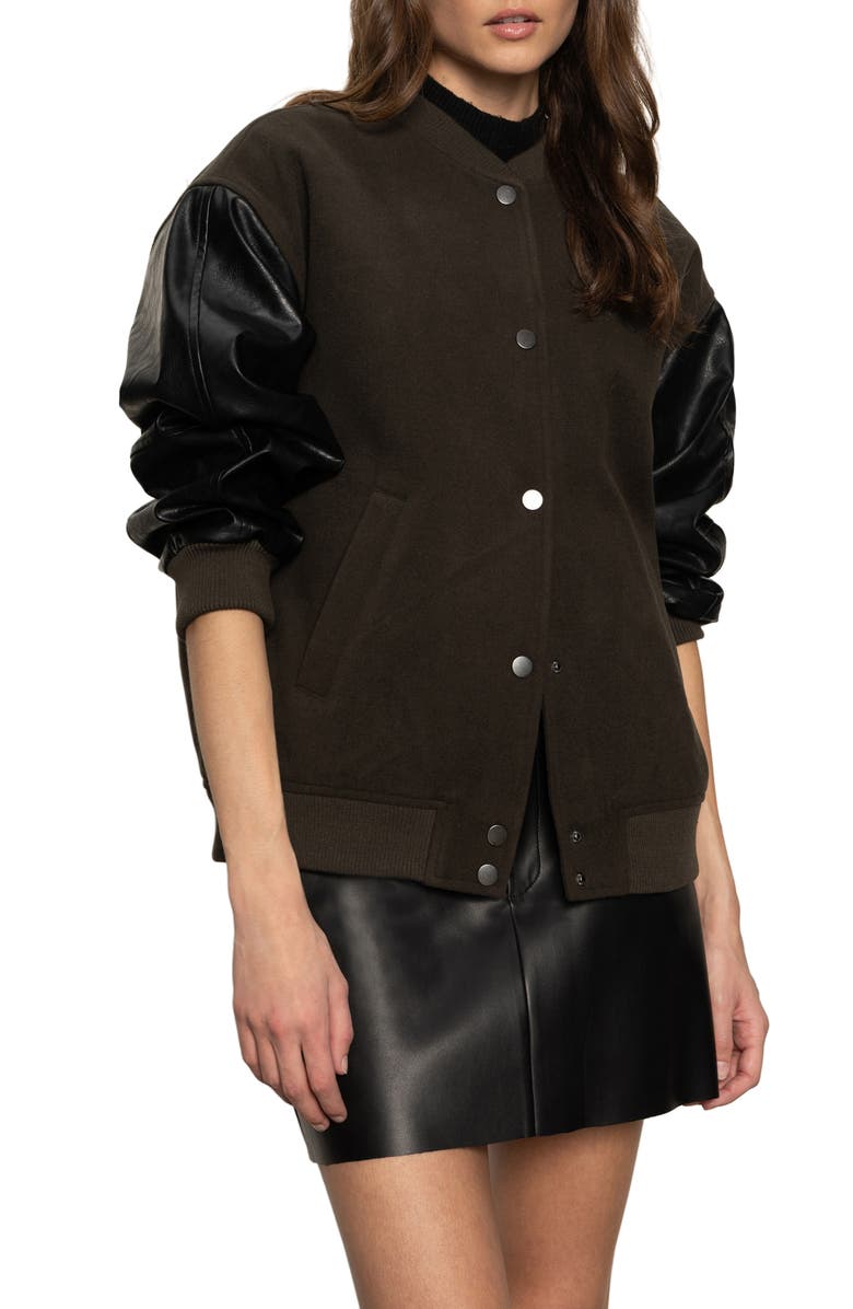 Sanctuary Club Mixed Media Varsity Jacket, Alternate, color, Midnight Olive