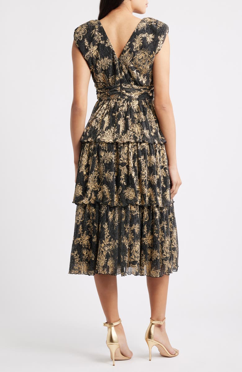 Vince Camuto Metallic Crinkle Midi Dress, Alternate, color, Black/ Gold