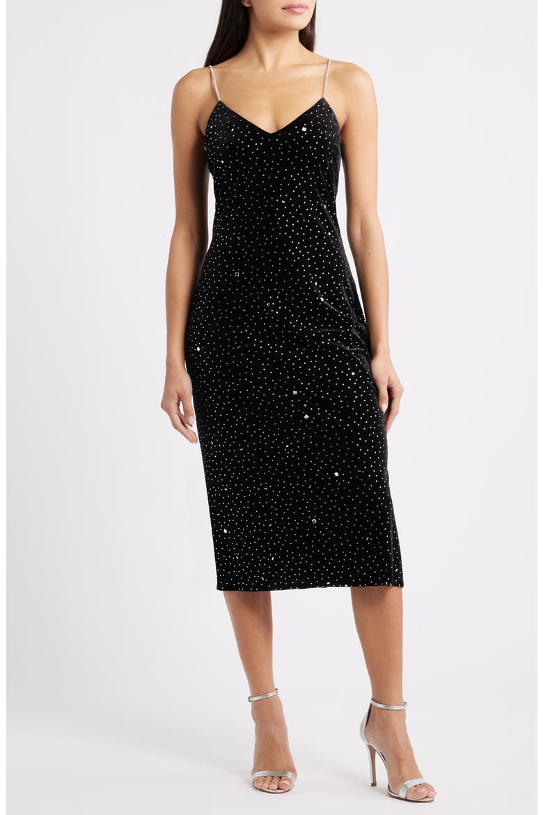 Velvet Rhinestone Embellished Midi Slipdress, Main, color, BLACK