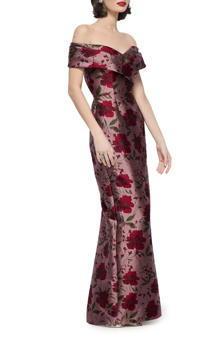 Floral Brocade Off the Shoulder Gown, Alternate, color, WILD ROSE