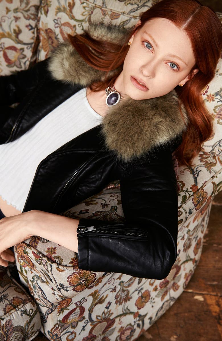 Topshop Faux Leather Moto Jacket with Removable Faux Fur Collar, Alternate, color, 