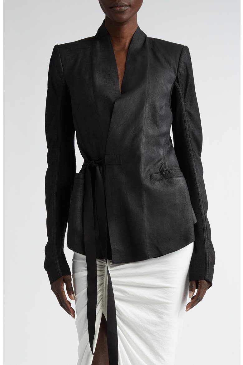 Side Tie Leather & Knit Wrap Top, Main, color, BLACK