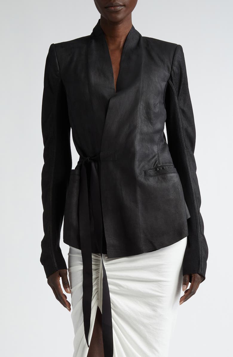 Rick Owens Side Tie Leather & Knit Wrap Top, Main, color, 