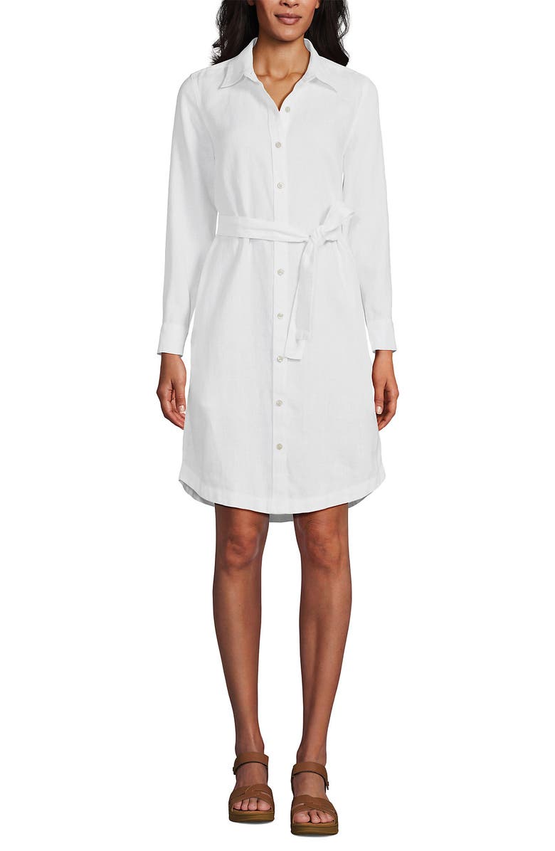 Lands' End Linen Long Sleeve Button Front Shirt Dress, Main, color, White