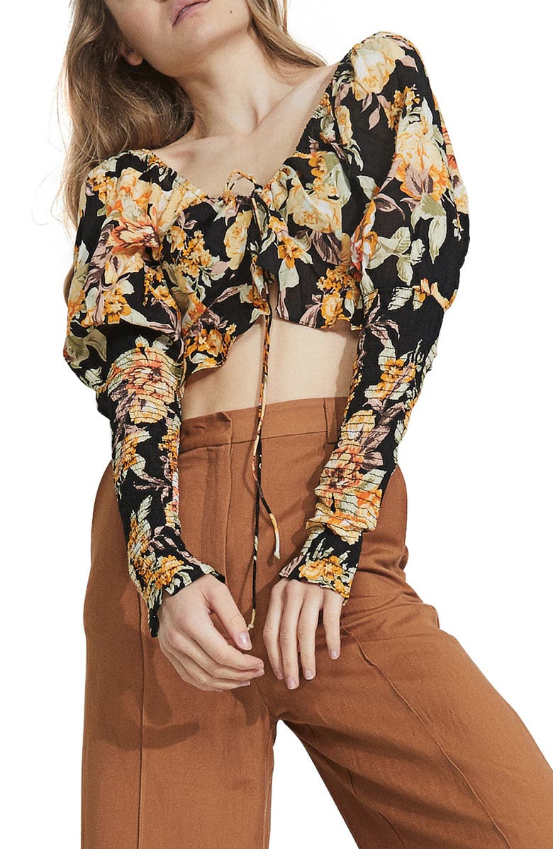 Bardot Floral Tie Crop Top, Main, color, Black Bold Floral