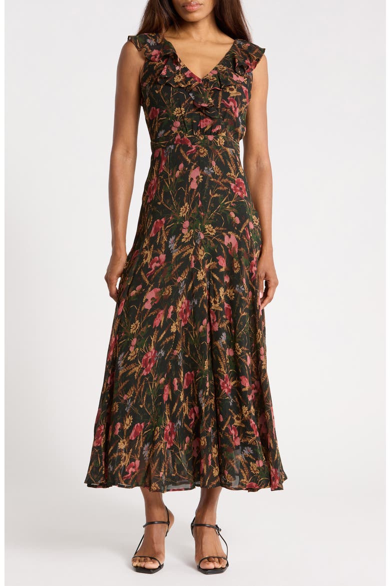 Sharleen Floral Cap Sleeve Silk Maxi Dress, Main, color, BLACK MULTI