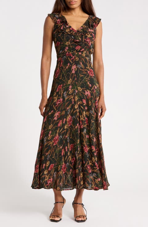 Sharleen Floral Cap Sleeve Silk Maxi Dress
