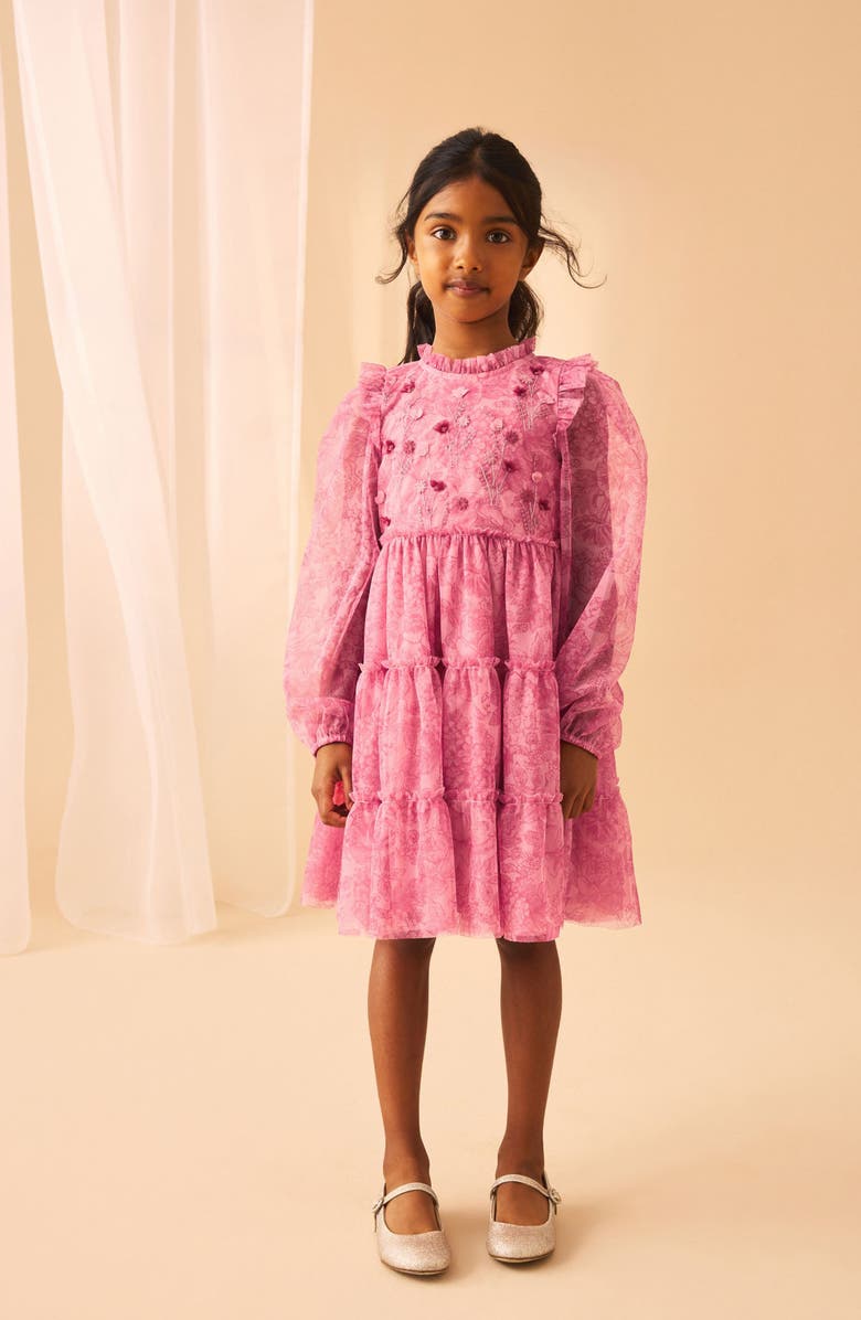 Laura Ashley Kids' Embroidered Ruffle Long Sleeve Tiered Mesh Dress, Alternate, color, Pink