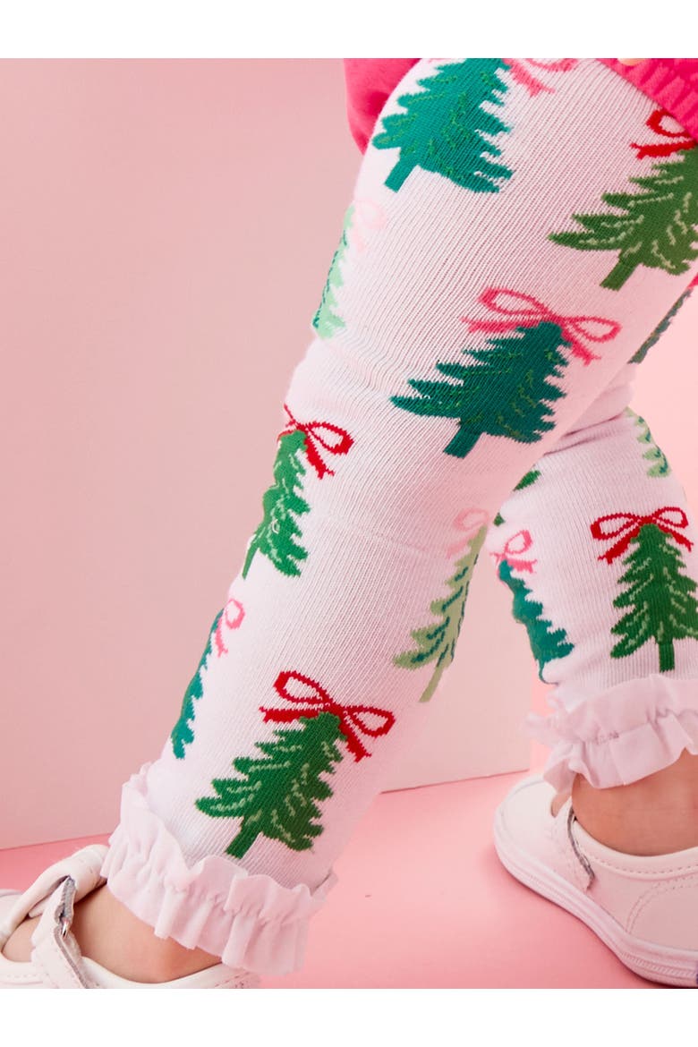 Holiday Patterned Footless Ruffle Tights, Alternate, color, Christmas Tree Bows