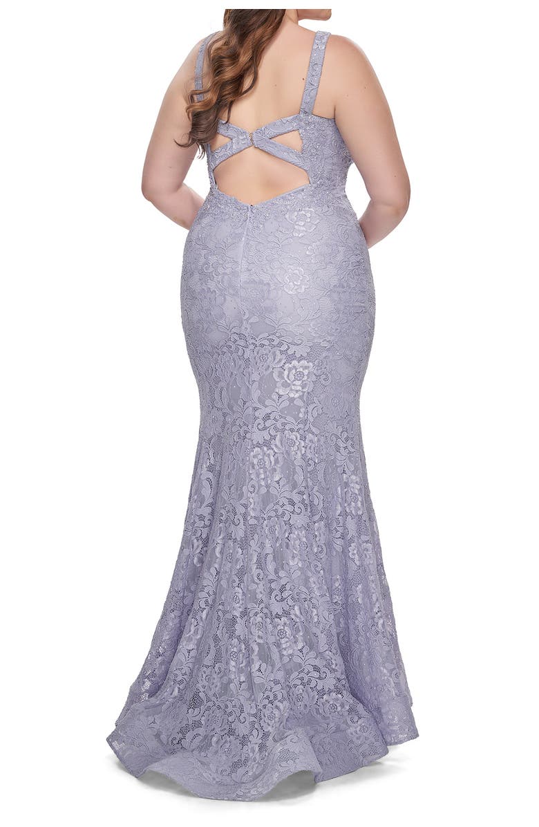 La Femme Mermaid Lace Plus Size Prom Dress with Deep V, Alternate, color, Light Periwinkle